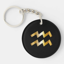 Aquarius Zodiac Sign, Black & Guld Keychain