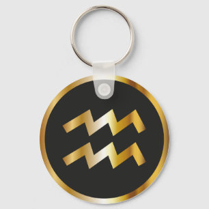 Aquarius Zodiac Sign, Black & Guld Keychain Nyckelring