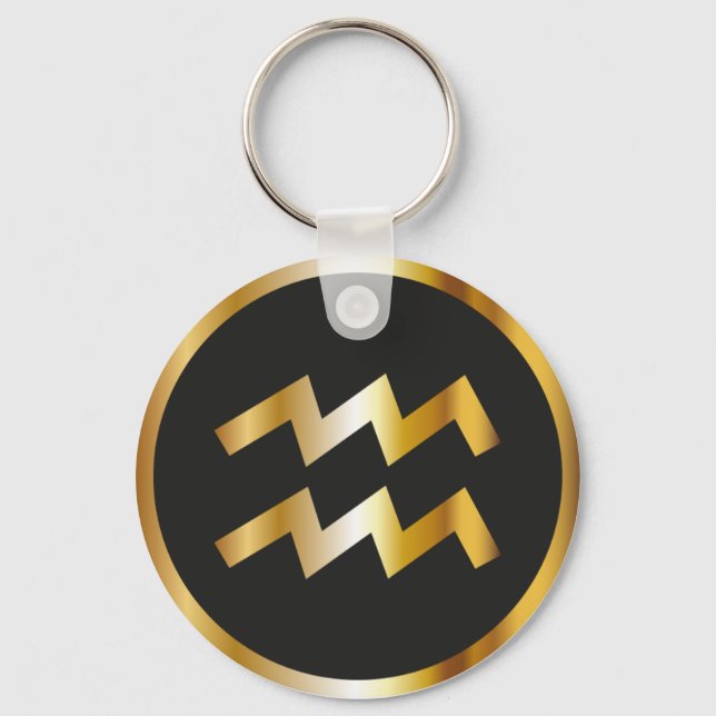 Aquarius Zodiac Sign, Black & Guld Keychain Nyckelring (Framsida)