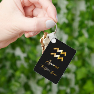 Aquarius Zodiac Sign, Black & Guld Keychain Nyckelring