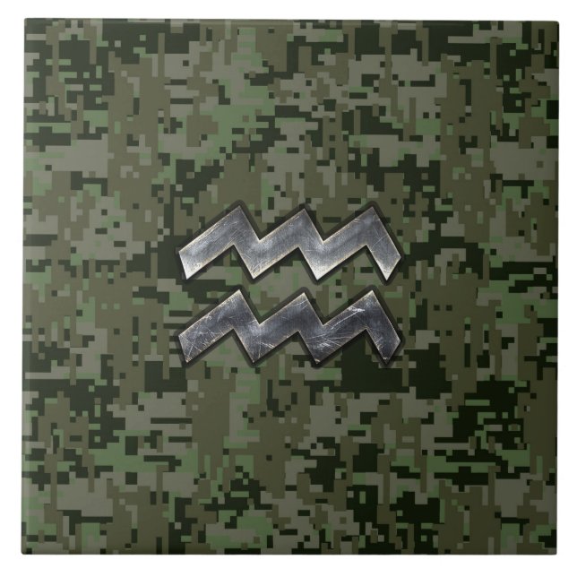 Aquarius Zodiac Sign Grönt Digital Camouflage Kakelplatta (Framsidan)