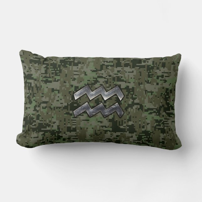 Aquarius Zodiac Sign Grönt Digital Camouflage Lumbarkudde (Framsida)