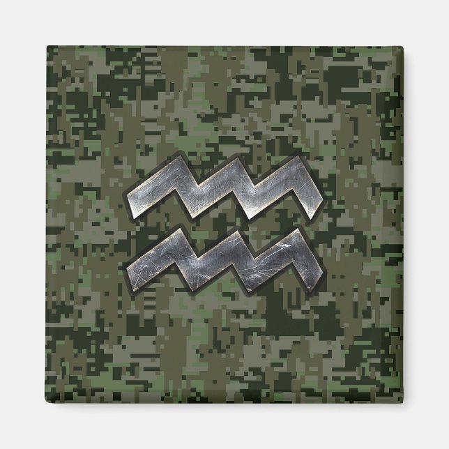 Aquarius Zodiac Sign Grönt Digital Camouflage Magnet (Framsidan)