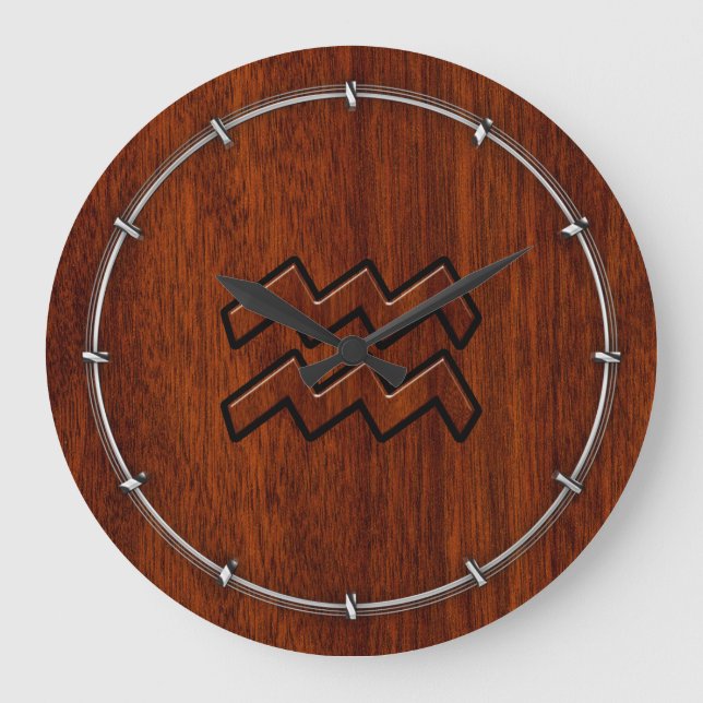 Aquarius Zodiac Sign Mahogany Wood Stil Stor Klocka (Framsida)
