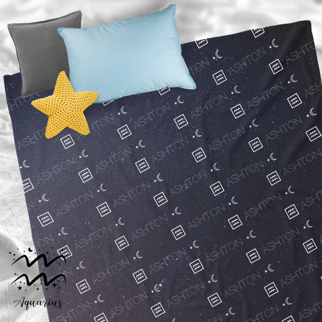 Aquarius Zodiac Sign Namn Constellation Astrology Fleecefilt (Aquarius Zodiac Sign Symbol Personalized Repeating Name Seamless Pattern Starry Night Sky Moon )