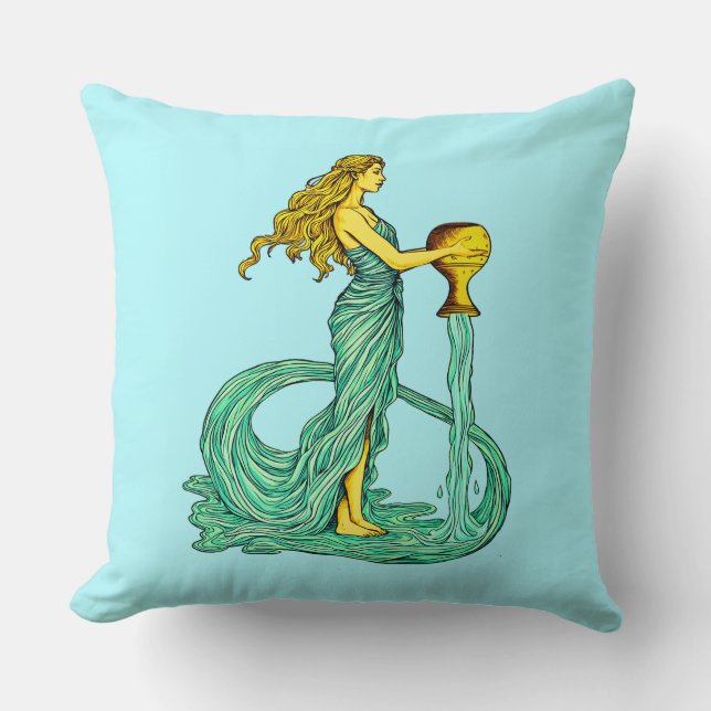 Aquarius Zodiac Sign, Woman med flytande Vatten Kudde (Framsida)