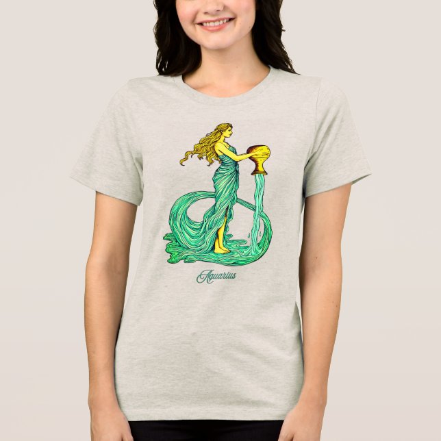 Aquarius Zodiac Sign, Woman med flytande Vatten T Shirt (Framsida)