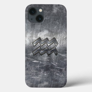 Aquarius Zodiac Symbol Distress Silver Steel
