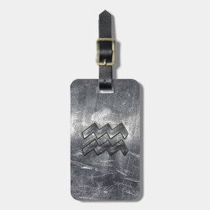Aquarius Zodiac Symbol Distress Silver Steel Bagagebricka