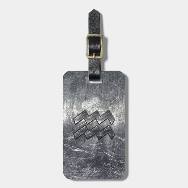 Aquarius Zodiac Symbol Distress Silver Steel Bagagebricka (Vertikal Framsida)