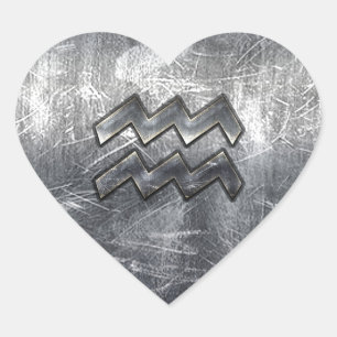 Aquarius Zodiac Symbol Distress Silver Steel Hjärtformat Klistermärke