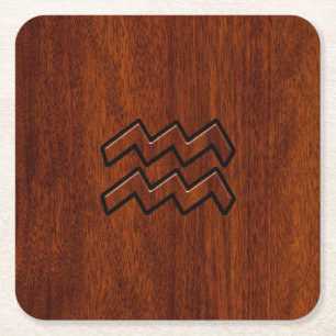 Aquarius Zodiac Symbol Mahogany Stil Underlägg Papper Kvadrat