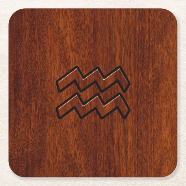 Aquarius Zodiac Symbol Mahogany Stil Underlägg Papper Kvadrat (Framsidan)