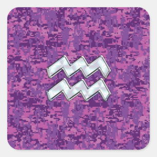 Aquarius Zodiac Symbol på fuchsia digital camo Fyrkantigt Klistermärke
