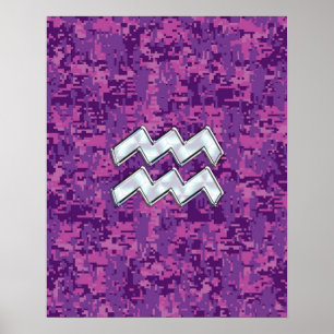 Aquarius Zodiac Symbol på fuchsia digital camo Poster