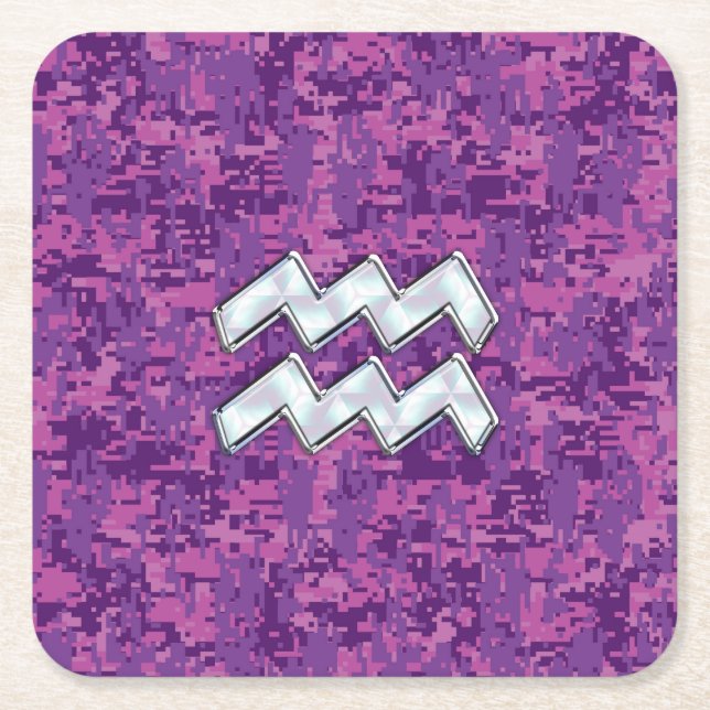 Aquarius Zodiac Symbol på fuchsia digital camo Underlägg Papper Kvadrat (Framsidan)