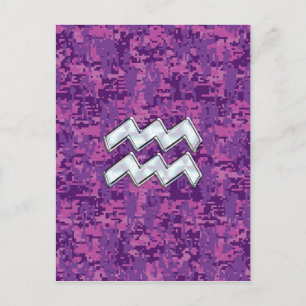 Aquarius Zodiac Symbol på fuchsia digital camo Vykort