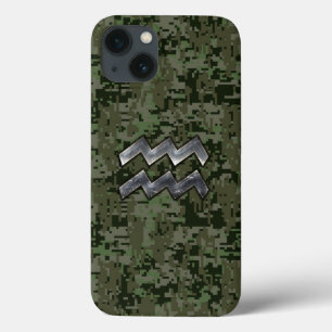 Aquarius Zodiac Symbol på Grönt Digital Camouflage