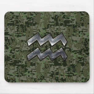 Aquarius Zodiac Symbol på Grönt Digital Camouflage Musmatta