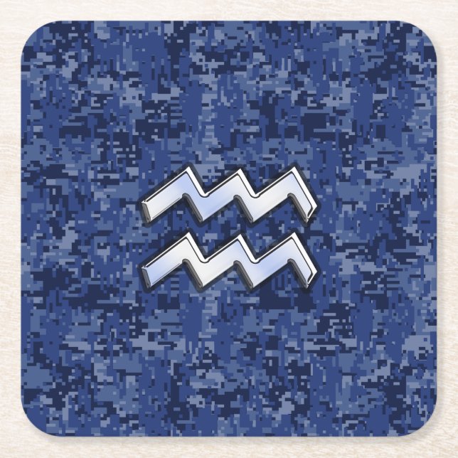Aquarius Zodiac Symbol på marin blå videokamera Underlägg Papper Kvadrat (Framsidan)