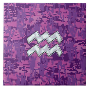 Aquarius Zodiac Symbol på Rosa Digital Camouflage Kakelplatta