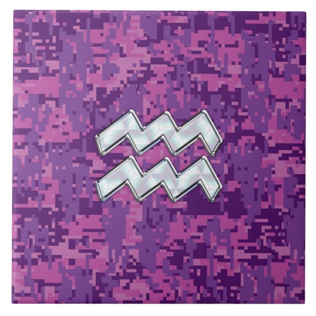 Aquarius Zodiac Symbol på Rosa Digital Camouflage Kakelplatta (Framsidan)