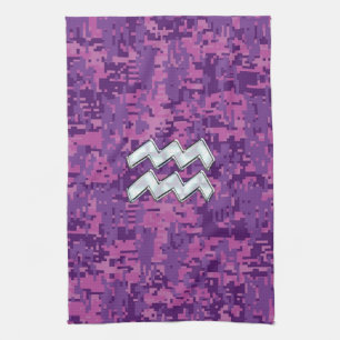 Aquarius Zodiac Symbol på Rosa Digital Camouflage Kökshandduk