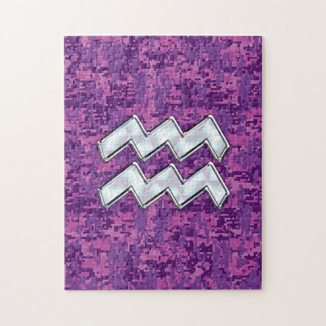 Aquarius Zodiac Symbol på Rosa Digital Camouflage Pussel (Vertikal)