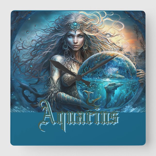 Aquarius Zodiac-tecken Fyrkantig Klocka (Framsida)