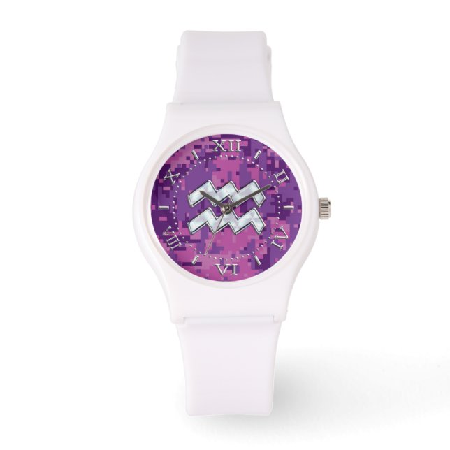 Aquarius Zodiac-tecken på Rosa Camouflage Dial Armbandsur (Framsida)