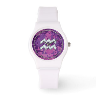 Aquarius Zodiac-tecken på Rosa Digital Camouflage Armbandsur