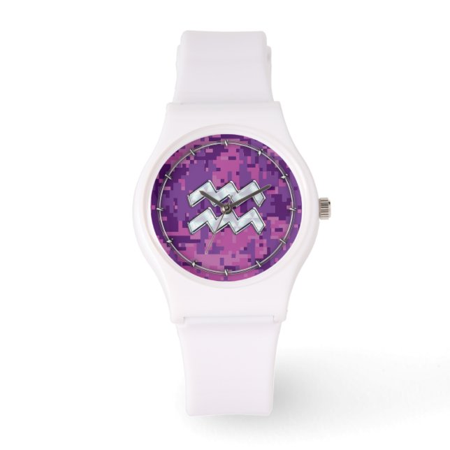 Aquarius Zodiac-tecken på Rosa Digital Camouflage Armbandsur (Framsida)