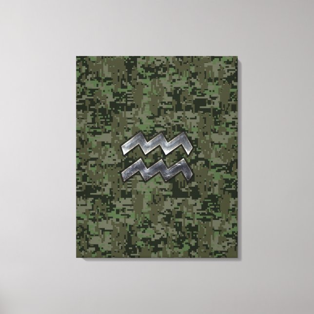 Aquarius Zodiac-tecken på Woodland Digital Camo Canvastryck (Framsida)