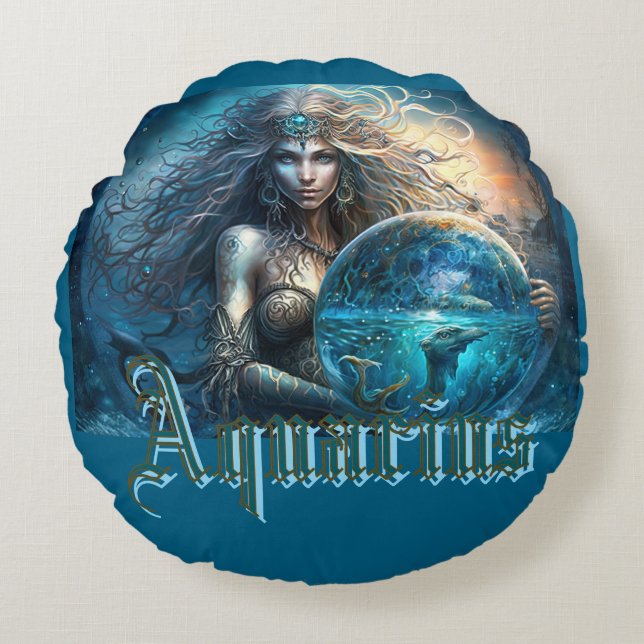 Aquarius Zodiac-tecken Rund Kudde (Framsidan)