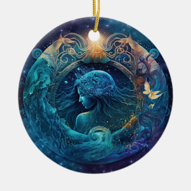 Aquarius Zodiac-tecken Vattenfärgsdesign Julgransprydnad Keramik (Framsidan)