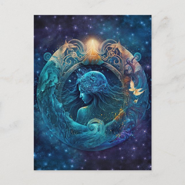 Aquarius Zodiac-tecken Vattenfärgsdesign Vykort (Framsida)