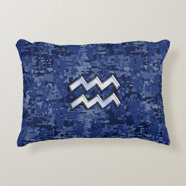 AquariusZodiacsymbol på marinblå digital camo Prydnadskudde (Framsidan)