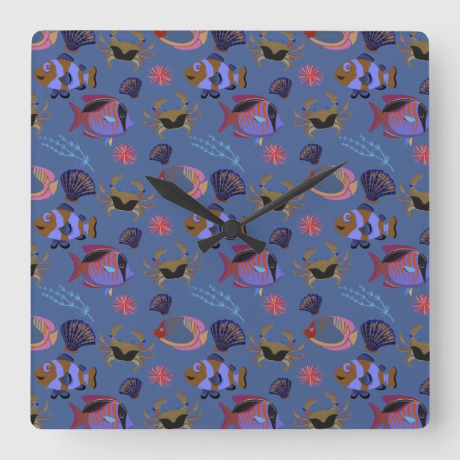 Aquatic animals pattern | ocean underwater life 13 fyrkantig klocka (Framsida)