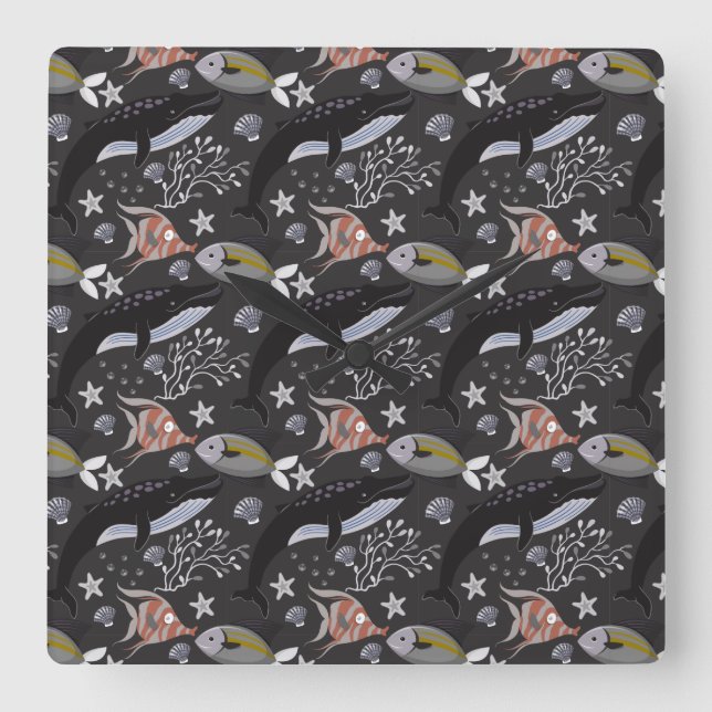 Aquatic animals pattern | ocean underwater life 20 fyrkantig klocka (Framsida)