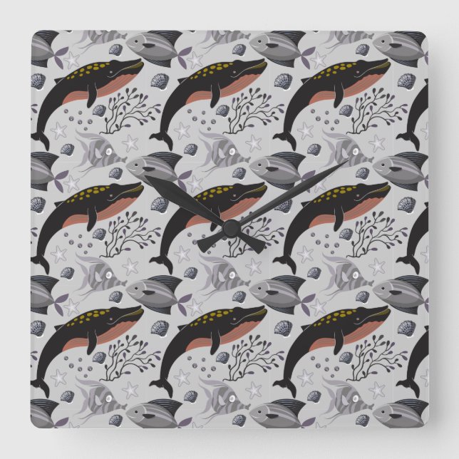 Aquatic animals pattern | ocean underwater life 22 fyrkantig klocka (Framsida)