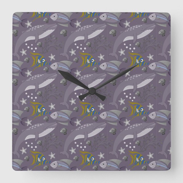 Aquatic animals pattern | ocean underwater life 24 fyrkantig klocka (Framsida)