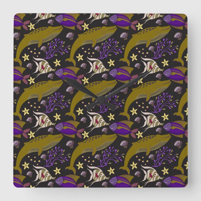 Aquatic animals pattern | ocean underwater life 25 fyrkantig klocka (Framsida)