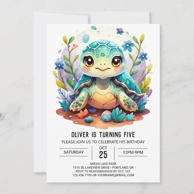 Aquatic Digital Stollig Turtle Boy Birthday Inbjudningar (Framsida)