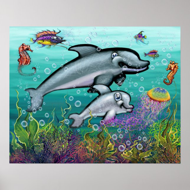 Aquatic Fantasy Scene med delfiner Poster (Framsidan)