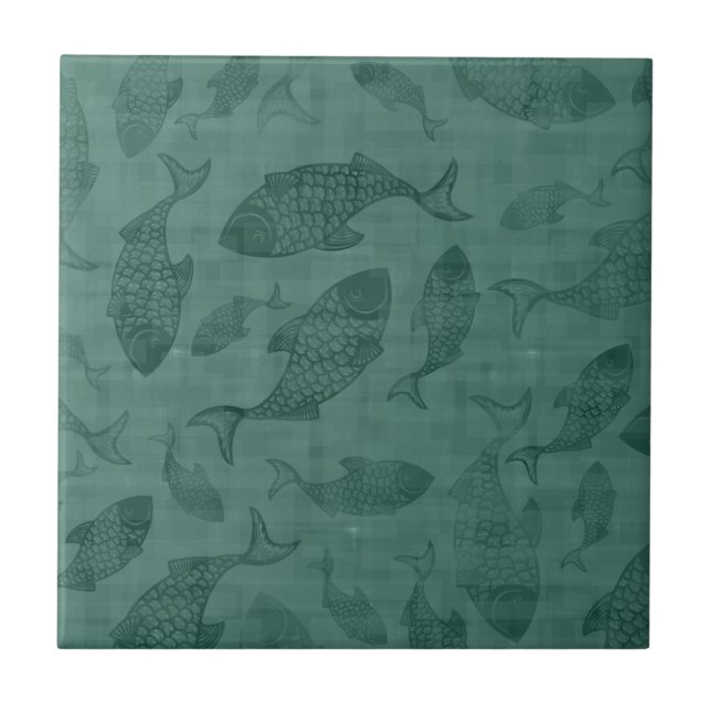 Aquatic Fish Stencil Art Teal Bokeh Pattern Kakelplatta (Framsidan)