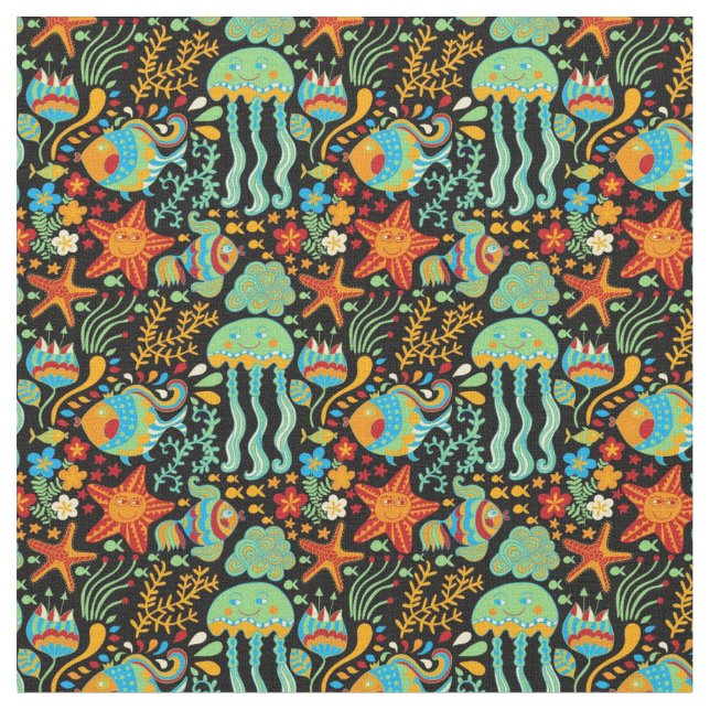 Aquatic Life Tecknad Stil Tyg (Närbild)