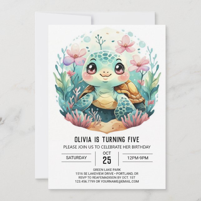 Aquatic Rosa Turtle Girl Birthday Inbjudningar (Framsida)