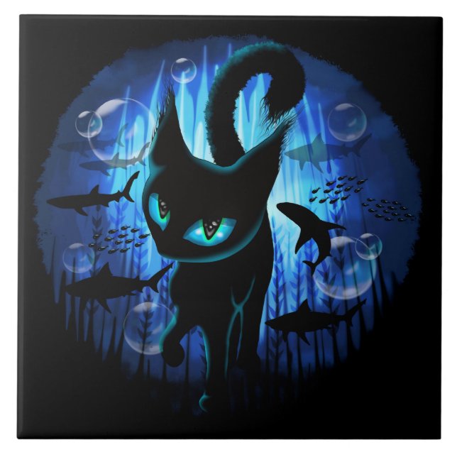 Aquaticat - Surreal Cat in Deep Ocean Fantasy Kakelplatta (Framsidan)