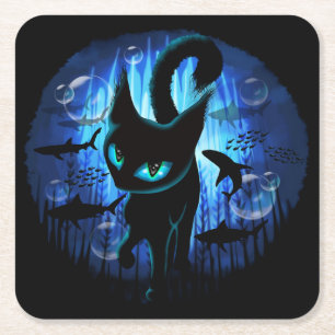 Aquaticat - Surreal Cat in Deep Ocean Fantasy Underlägg Papper Kvadrat