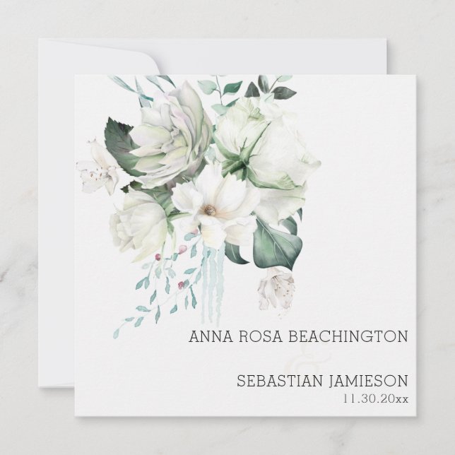 *~* AR15 - White Blommigt Bouquets - QR OSA Bröllo Inbjudningar (Framsida)
